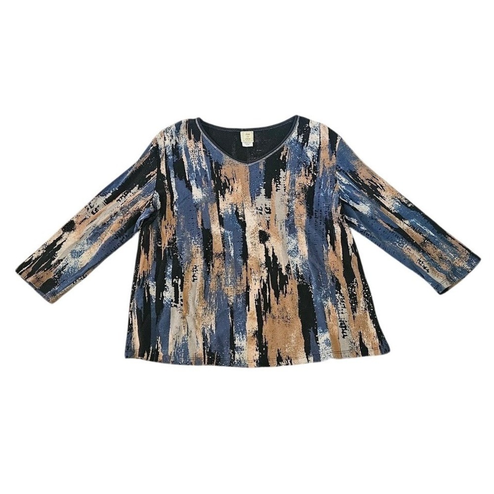 Jess & Jane Sequoias Abstract Print Top Women Large Rhinestone V-Neck Cotton